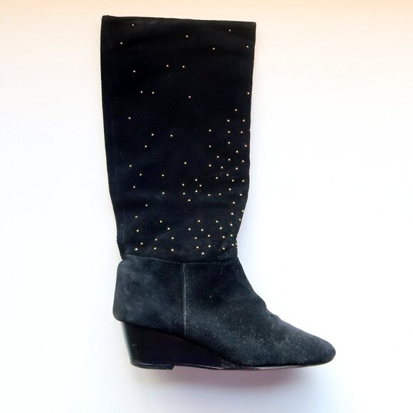 Anthropologie Matiko Black Suede Leather Gold Stud Wedge Heel Tall Boots Size 7 - Picture 4 of 13